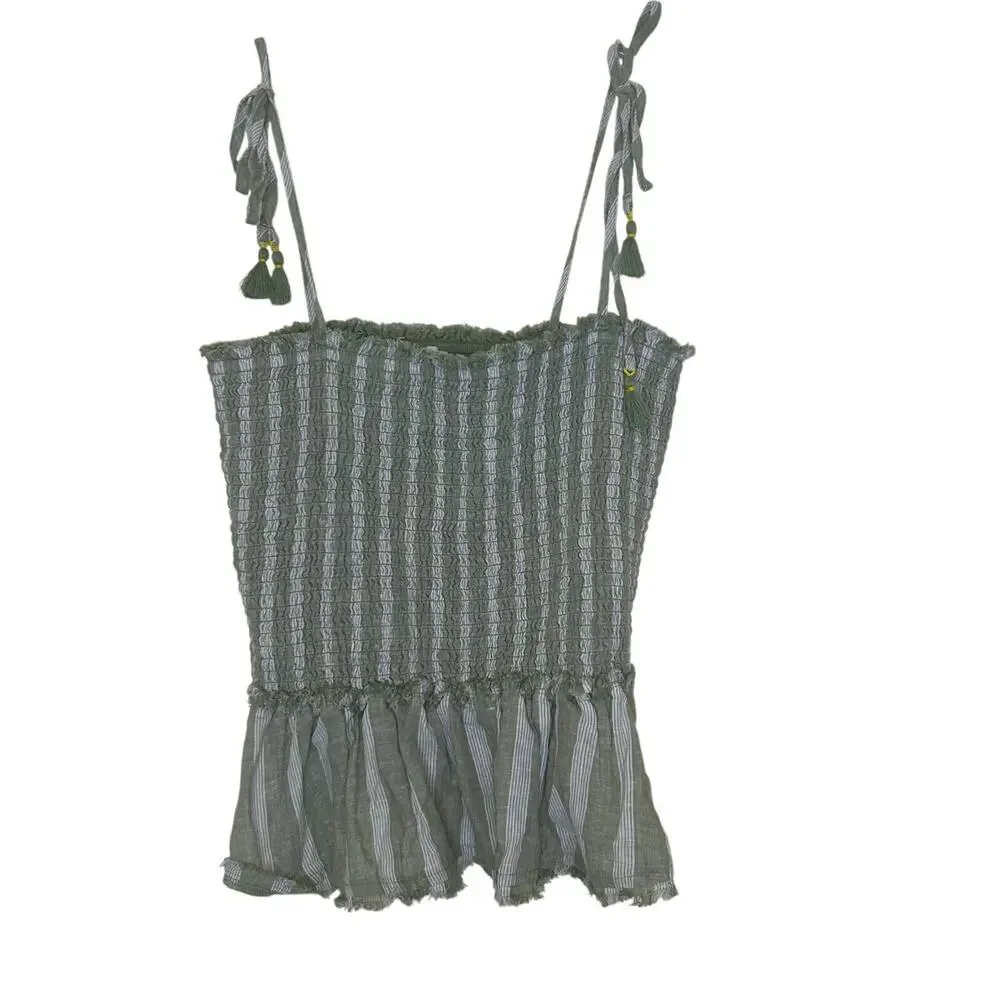 Aerie Smocked Striped Tie Shoulder Tank Top Green White Women S